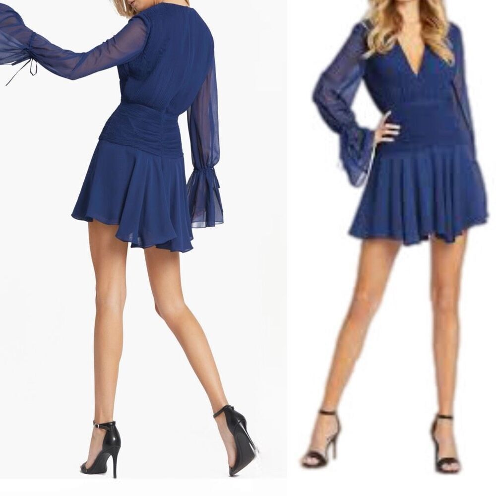 NWT Ieena for Mac Duggal Pleated Bell Sleeve Chiffon Cocktail Mini Dress, Size